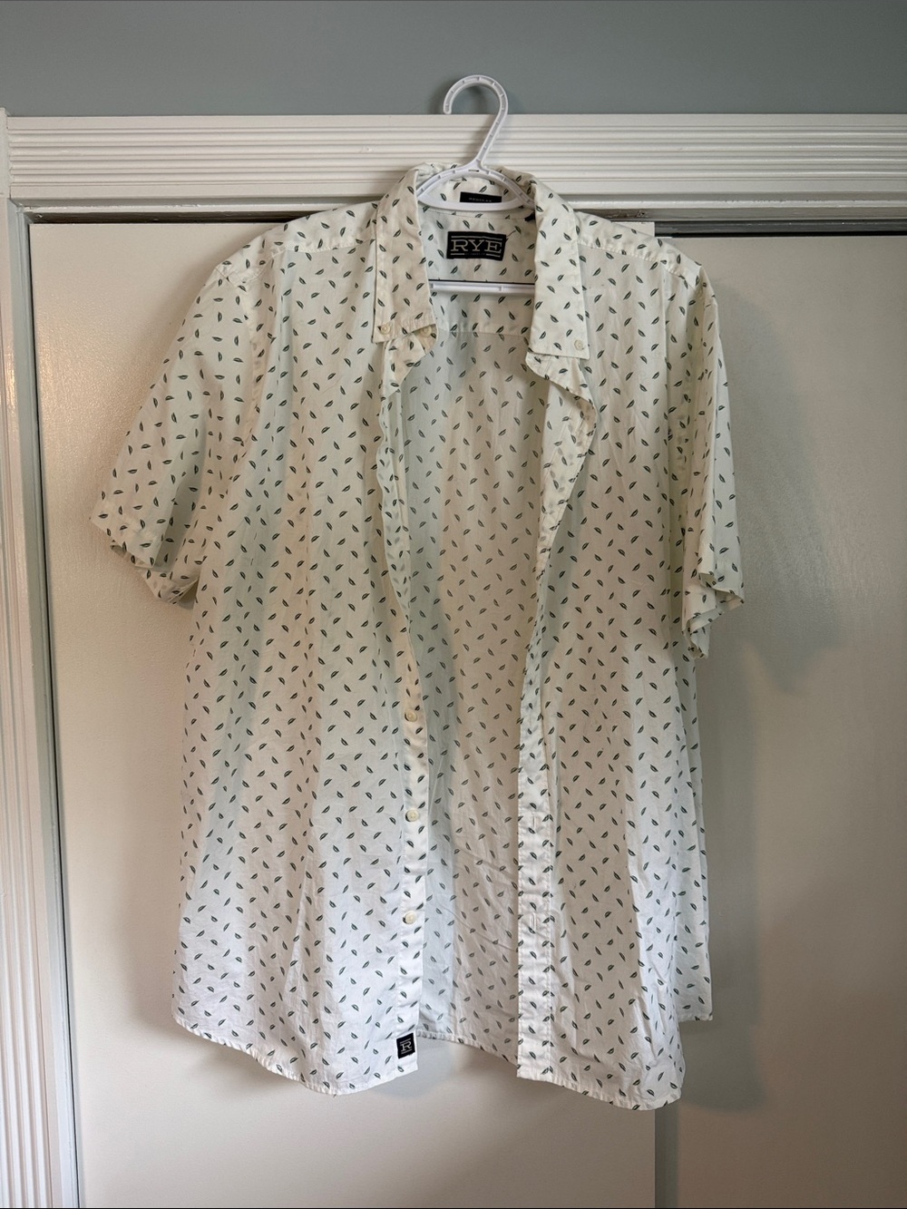 Rye Men's White Short-Sleeve Button-Down Shirt with Small Green Leaf Print